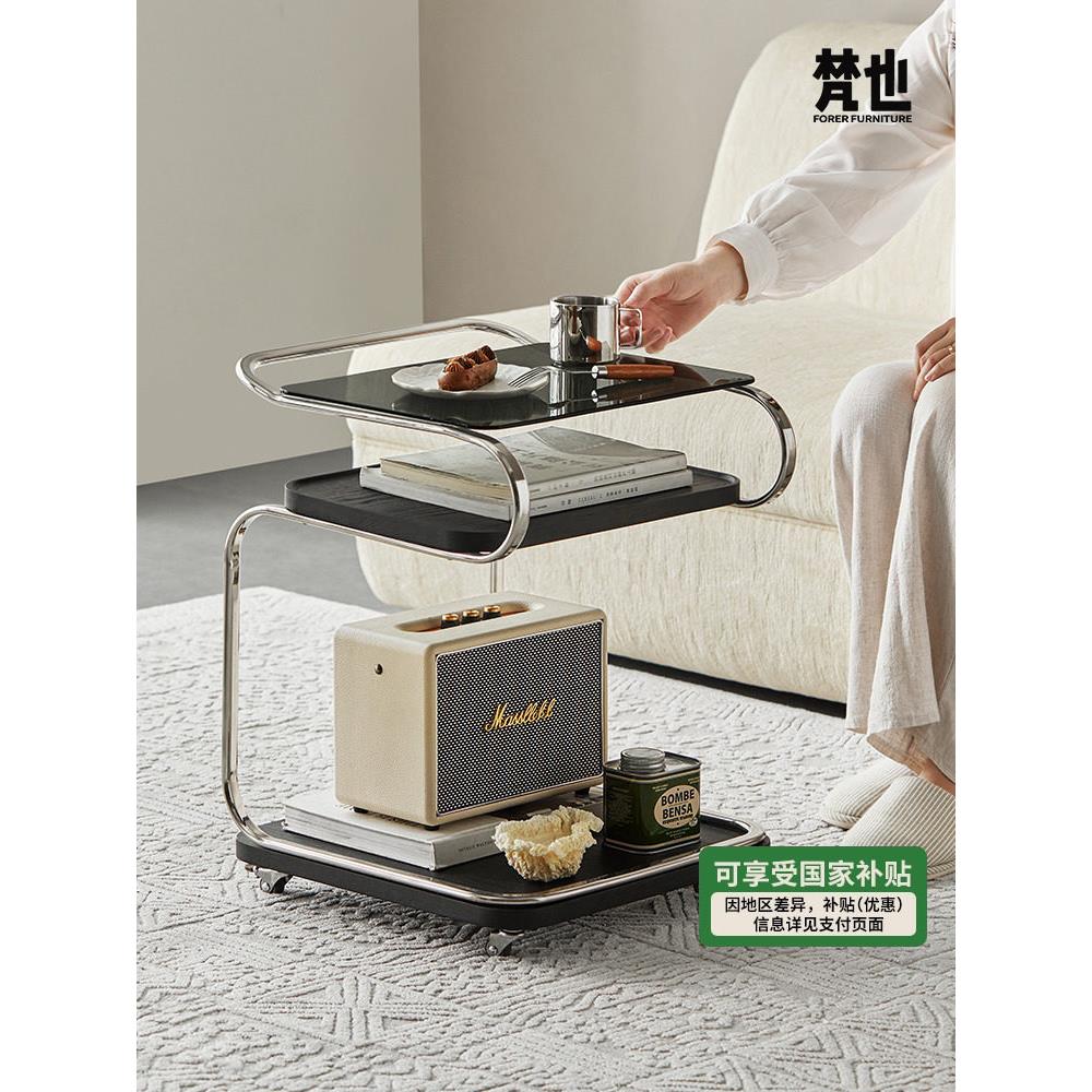 范晔家具云湾边桌可移动方玻璃咖啡桌带轮手推车客厅床边沙发角桌