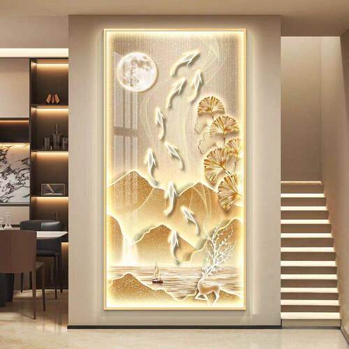 九鱼图轻奢led灯入户玄关装饰画走廊过道挂画壁画简约现代高级感