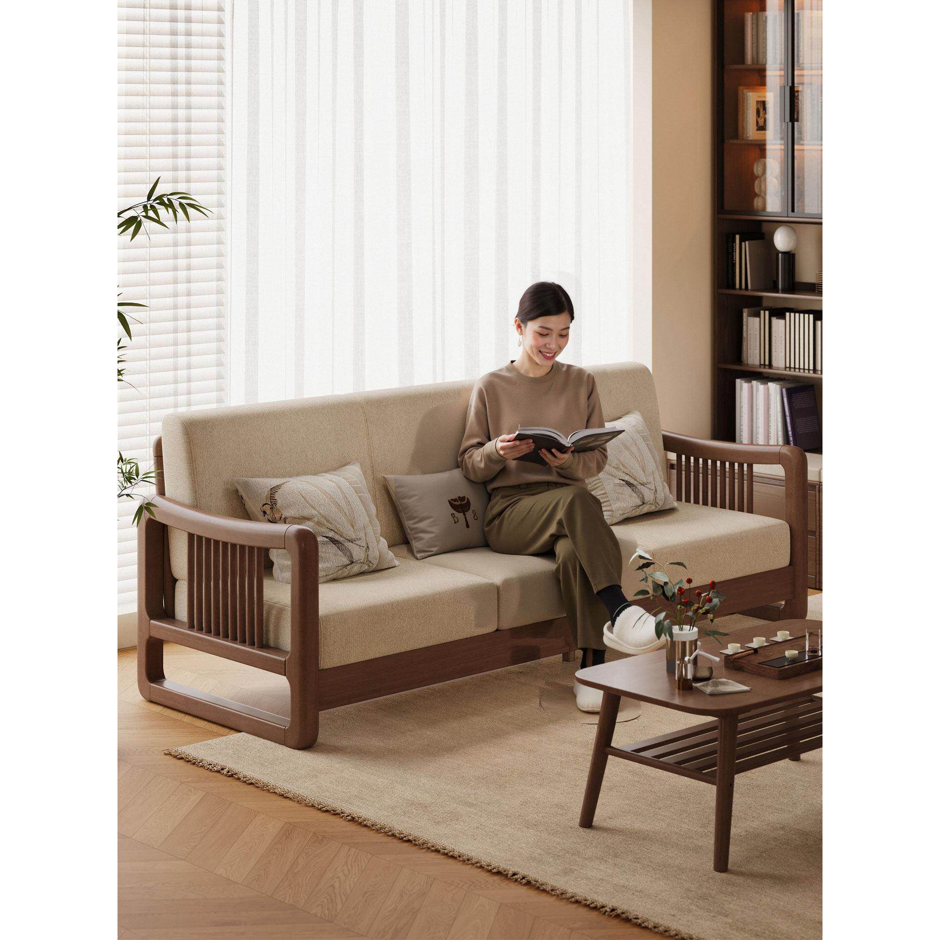 实木沙发客厅家用小户型新中式宋氏美学三人位长椅木头布艺沙发