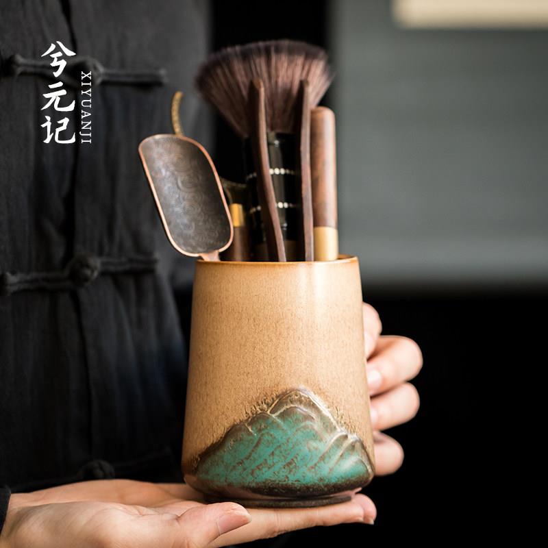 窑变陶瓷茶道筒六君子功夫茶具配件茶道六件套黑檀木茶勺茶夹刷子
