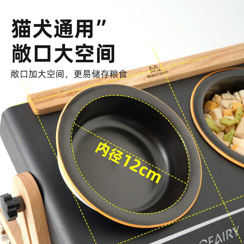 热销猫碗复古陶瓷双碗实木碗架可调节斜面护颈狗碗慢食碗防打翻猫