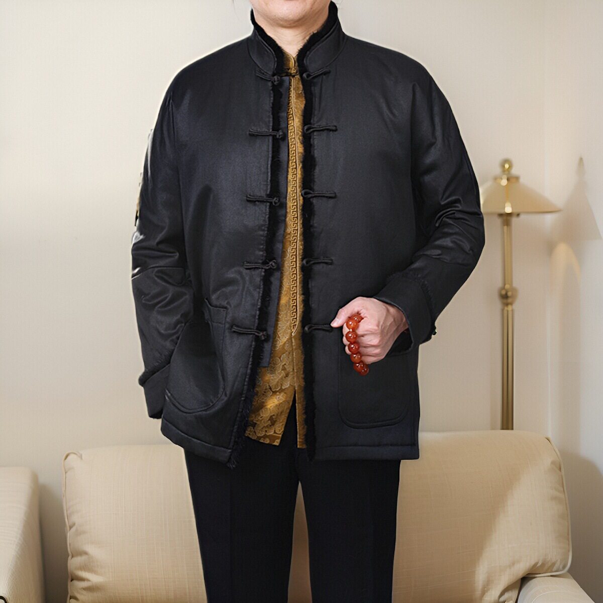 百福龙高档香云纱镶貂绒唐装连袖中式盘扣棉服冬季加棉加厚棉袄