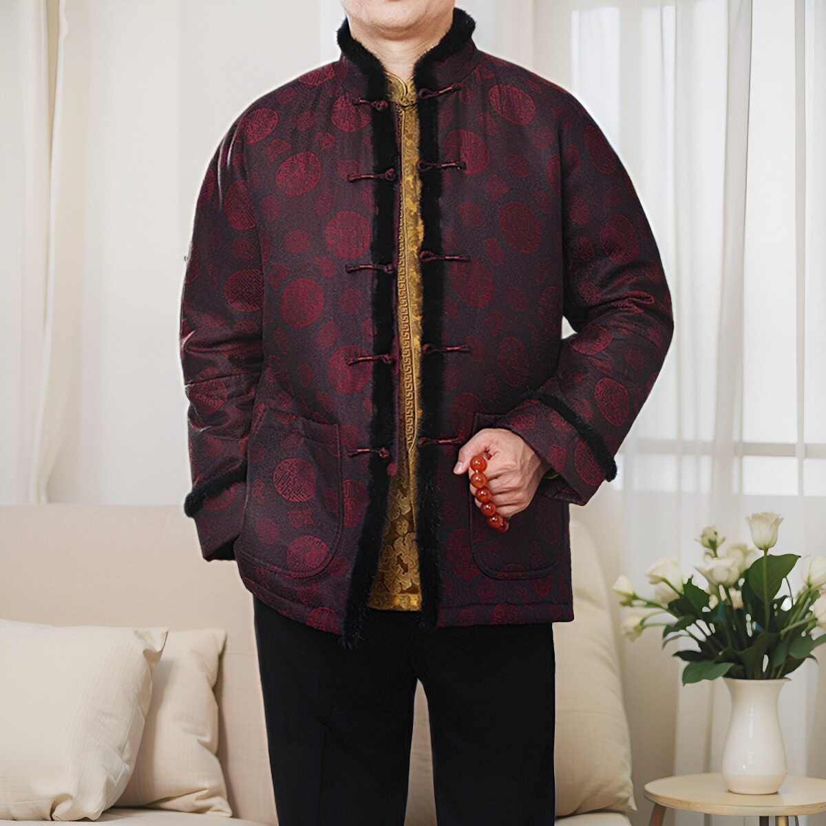 百福龙高档香云纱唐装男中老年貂绒棉服中式盘扣冬季加棉加厚棉袄