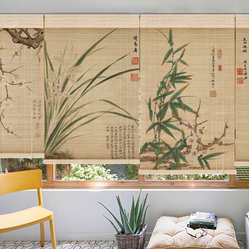 中式竹帘卷帘窗帘梅兰竹菊禅意花卉隔断帘茶室会所装饰帘遮阳帘子