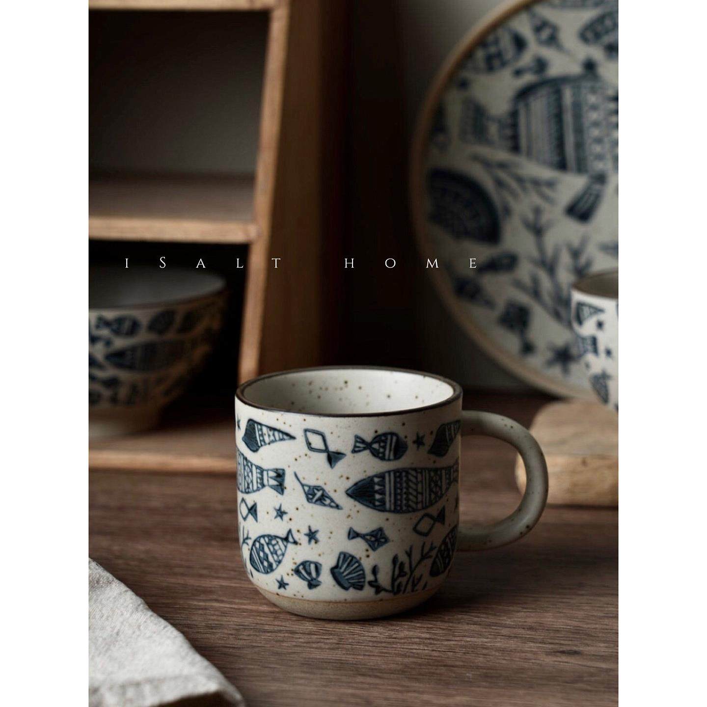 手作海底世界杯子.粗陶青花咖啡杯拉花杯陶瓷杯牛奶杯水杯/出丹麦,餐饮具,马克杯,淘宝优惠券,粉丝福利购,淘宝优惠卷