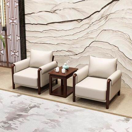 新中式风格Vip接待室沙发商务办公室会议室接待区真皮单人沙发咖