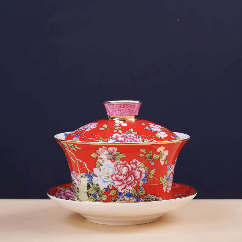 高温骨瓷珐琅彩牡丹大号盖碗陶瓷八宝茶盖碗三炮台碗子茶碗家用