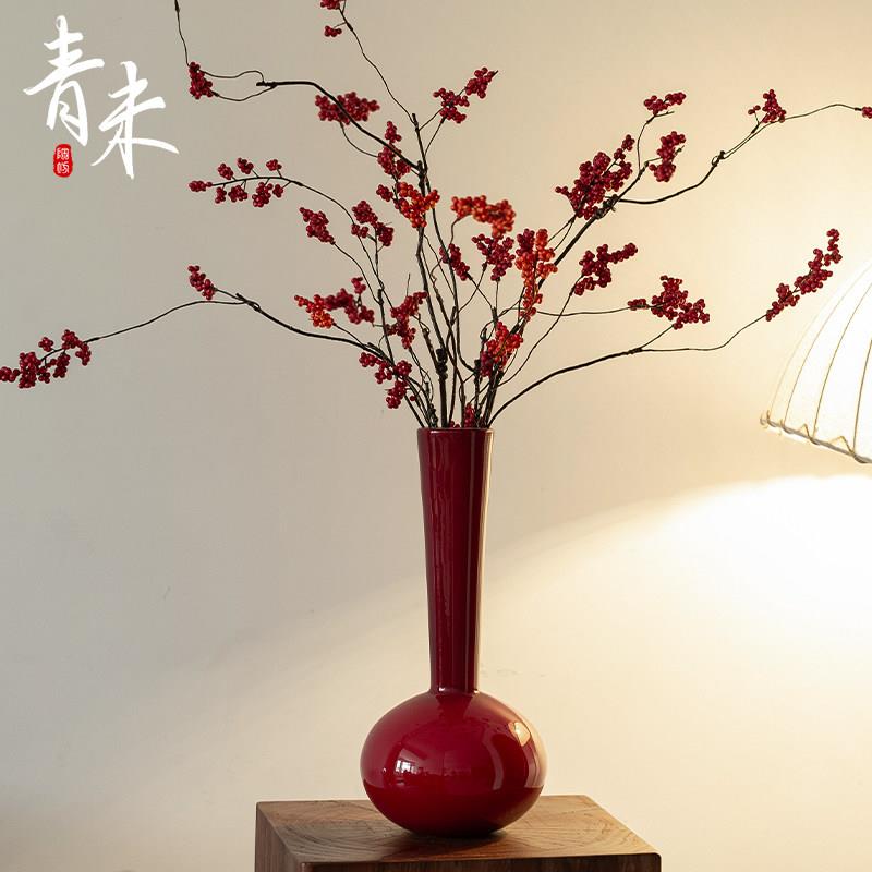 新家红色中古花瓶摆件客厅插花琉璃高级感新中式复古冬青水培腊梅