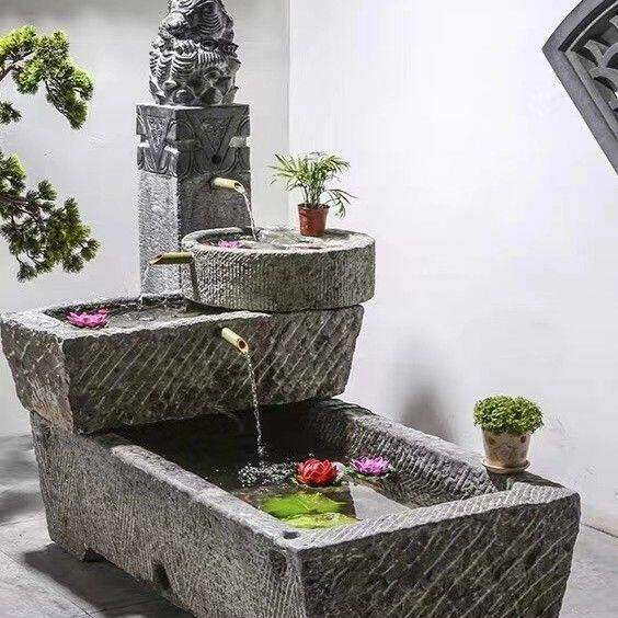 老石槽鱼缸石磨水景组合旧石头花盆养鱼水槽石盆庭院阳台流水摆件