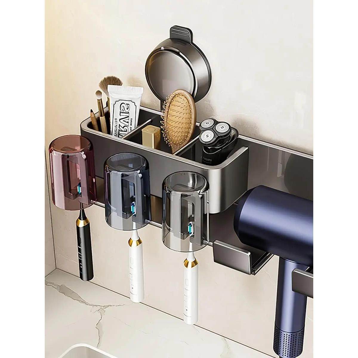 吹风机架子电吹风置物架带牙刷支架免打孔吸盘壁挂式多功能收纳架