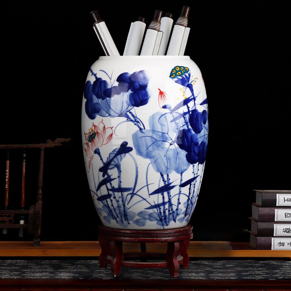 景德镇陶瓷书画收纳缸卷轴缸客厅书房手绘字画桶落地箭筒插花瓶大