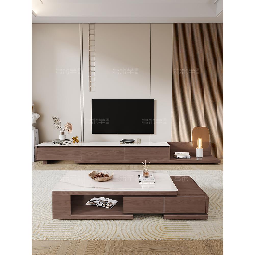 实木进口光面板岩可伸缩茶几极简主义客厅家庭小公寓地板橱柜组合