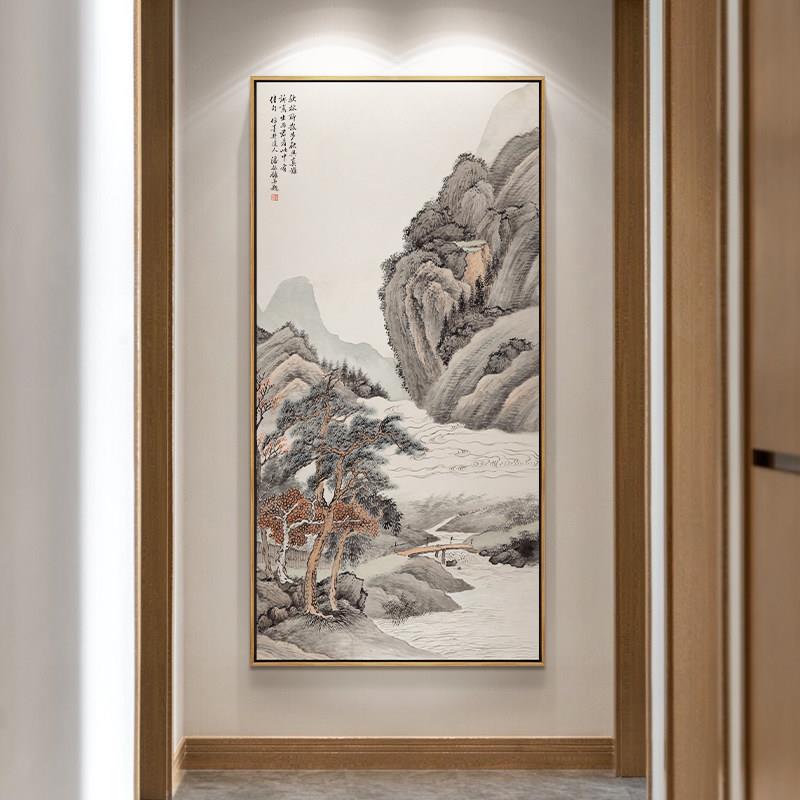 张大千入户玄关山水画新中式进门走廊过道竖版装饰画客厅茶室挂画