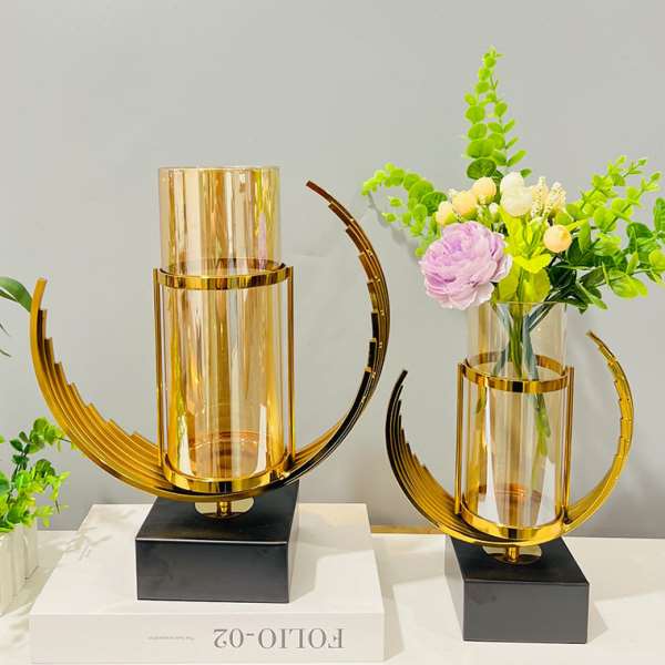 现轻奢金属玻璃花级创意插花器餐厅家居客厅公室桌面摆件