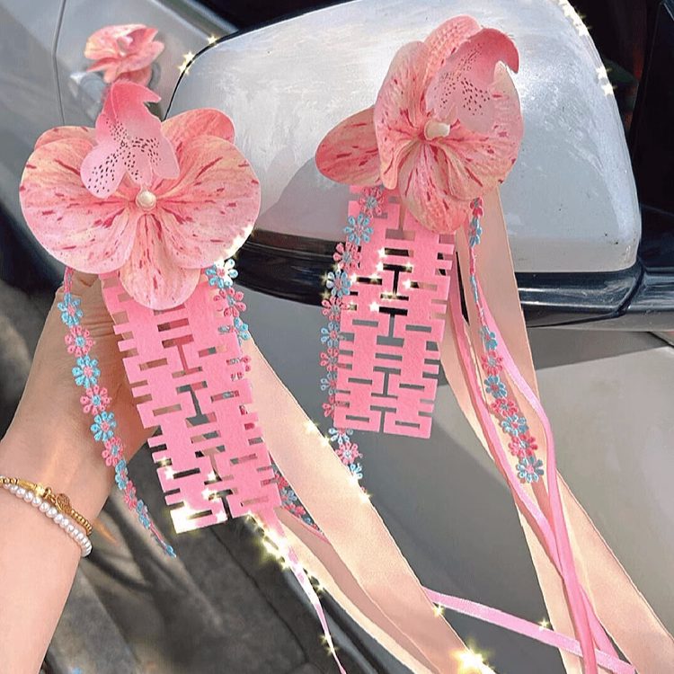 婚车车队装饰拉花头车仿真花后视镜门把手喜字车贴带吸盘氛围感
