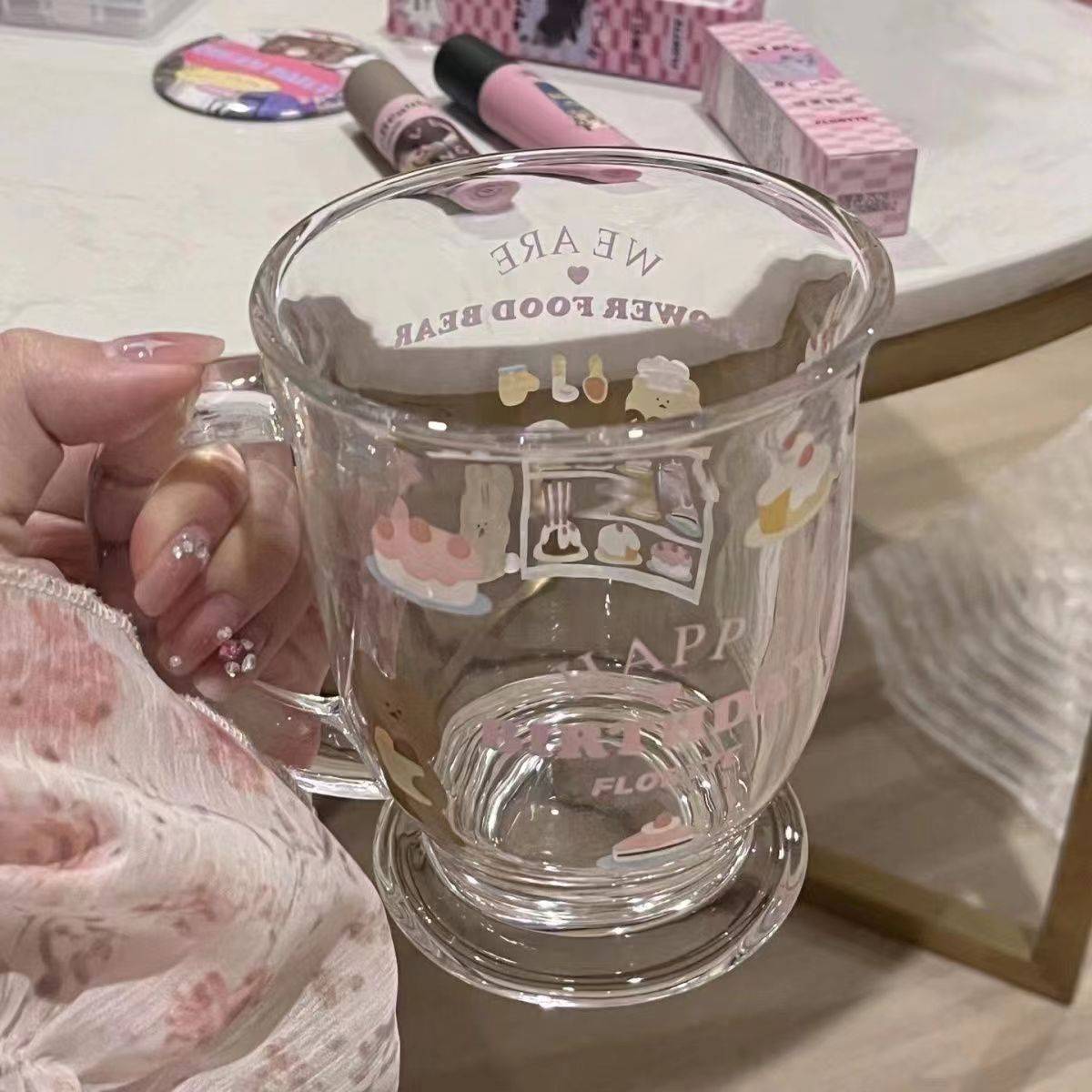 防烫可爱小熊蛋糕玻璃杯子ins高颜值卡通杯大容量非耐热玻璃杯