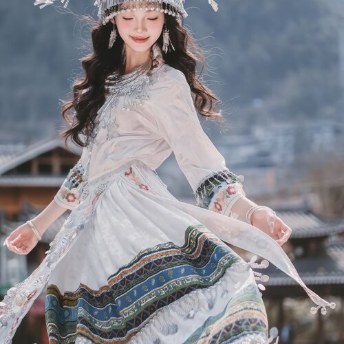 白色苗疆少女刺绣大摆舞台套装
