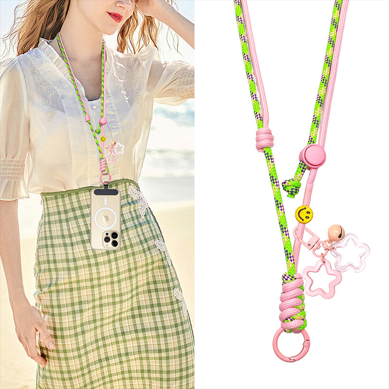 夏日清爽手机挂绳可调节挂脖绳多巴胺撞色编织斜跨电话绳时尚少女