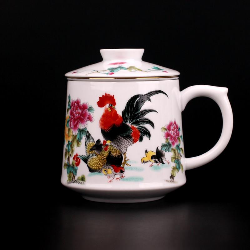 景德镇陶瓷茶杯带盖大吉图公鸡全家福陶瓷杯茶水分离礼品办公杯子