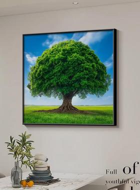 大树挂画饭厅背景墙装饰画正方形客厅风景画现代简约绿植玄关壁画