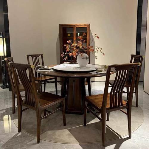 新中式实木乌金木餐桌椅组合家用圆饭桌简约圆桌带转盘餐厅家具