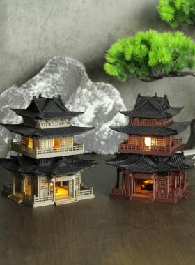 古风建筑带灯楼阁小楼覆古楼阁微景观造景假山盆景山水装饰摆饰