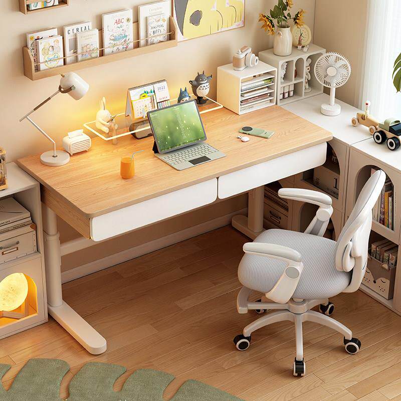 实木儿童学习桌家用卧室手摇升降学习桌书房写字桌简约电脑桌