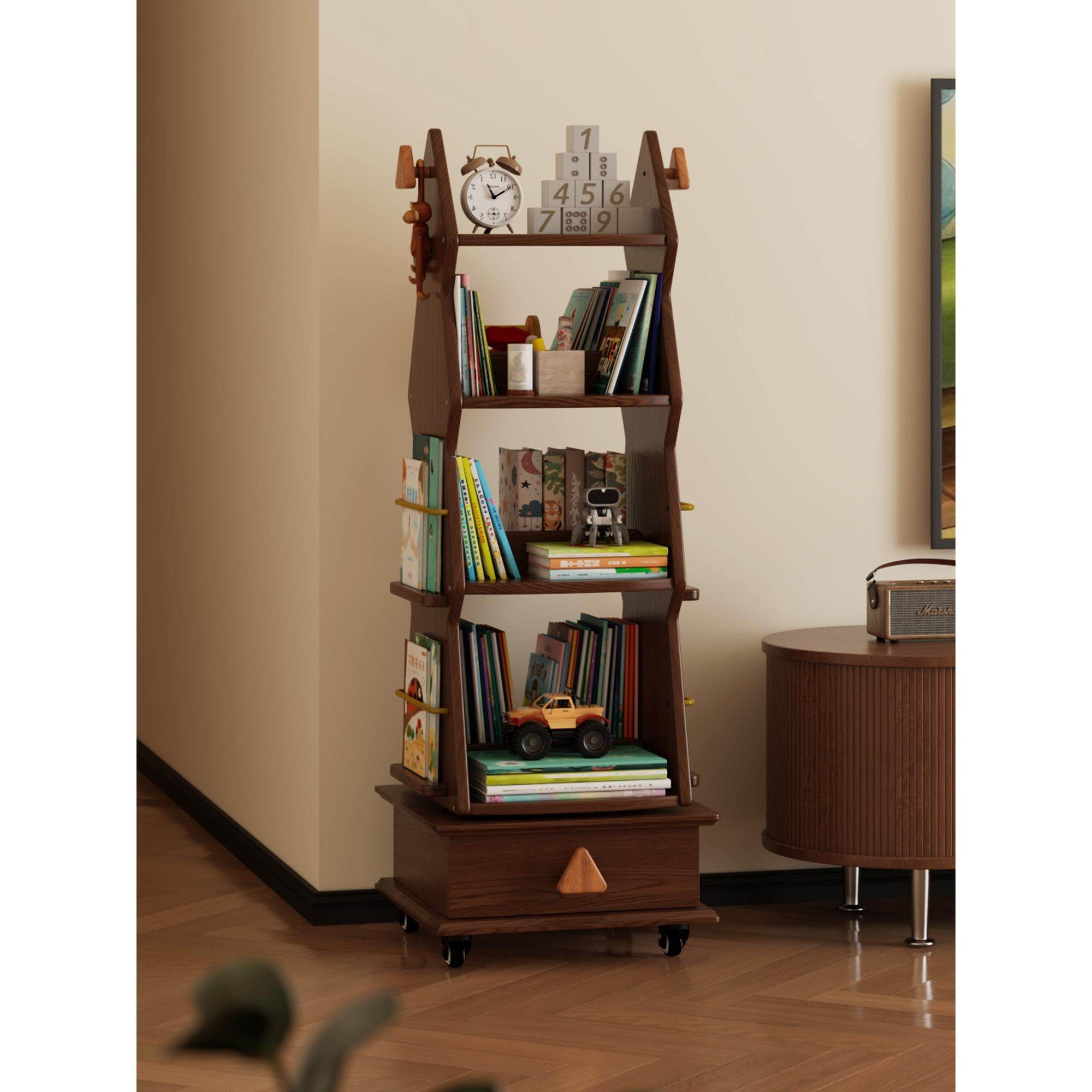 旋转书架360度实木书架儿童可移动客厅存储图画书存储货架地板站