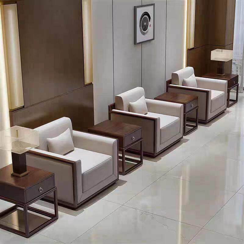 新中式接待室沙发贵宾商务办公会议室会客区真皮单人沙发茶几组合
