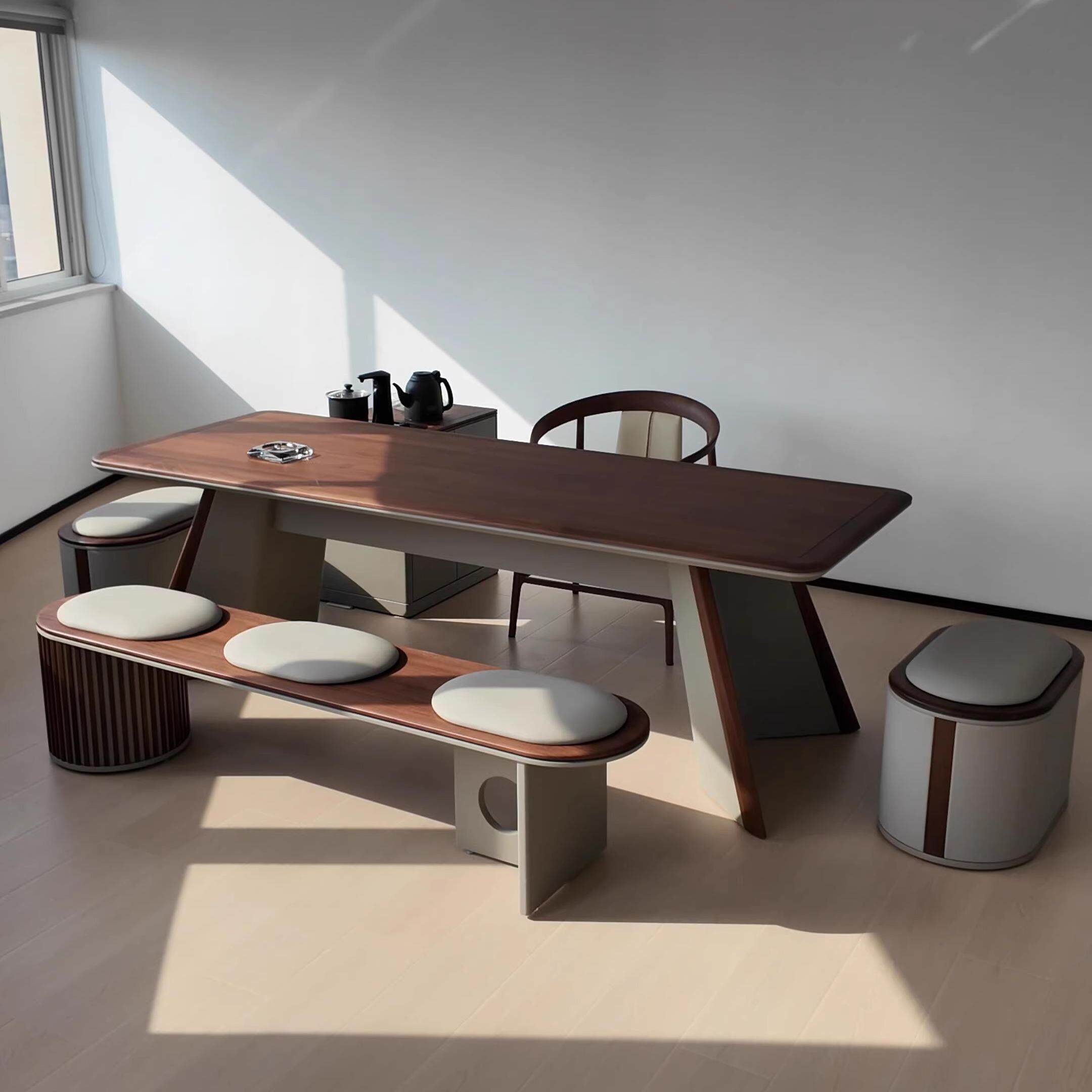 新中式茶桌椅组合北美黑胡桃木办公会客洽谈泡茶桌现代简约茶台