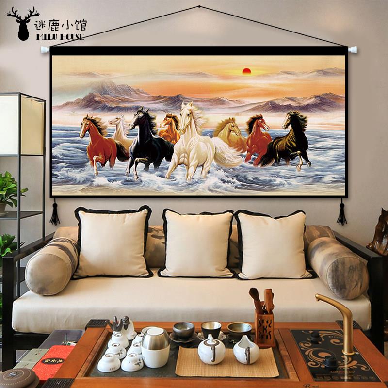 中式八骏图水墨画客厅餐厅布艺挂毯办公室背景装饰画玄关走廊挂画