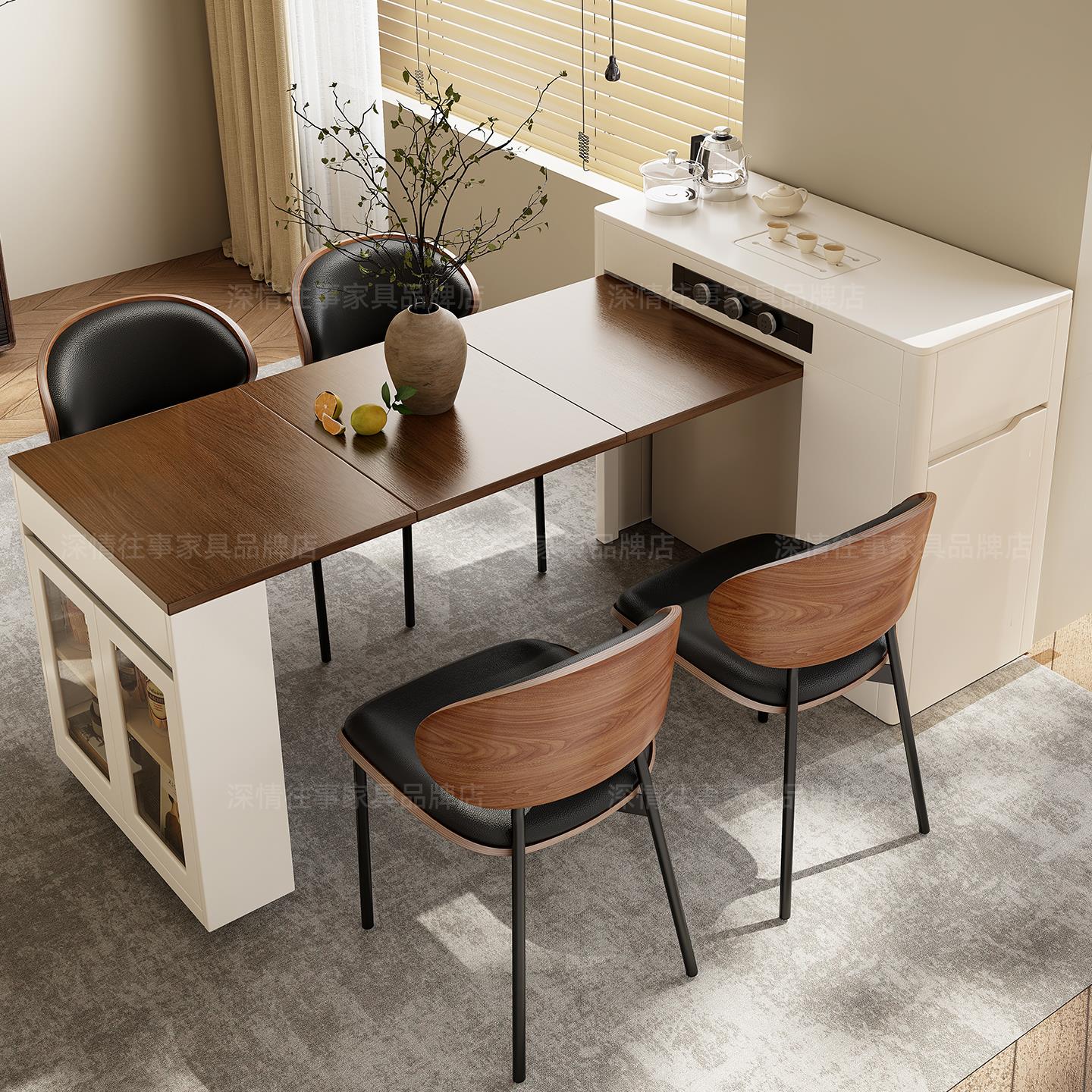 中古风折叠伸缩岛台餐桌一体家用小户型实木餐桌柜多功能岩板餐桌