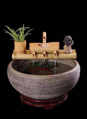 假山流水器水循环陶瓷鱼缸客厅室内装饰竹排喷泉景观造景摆件