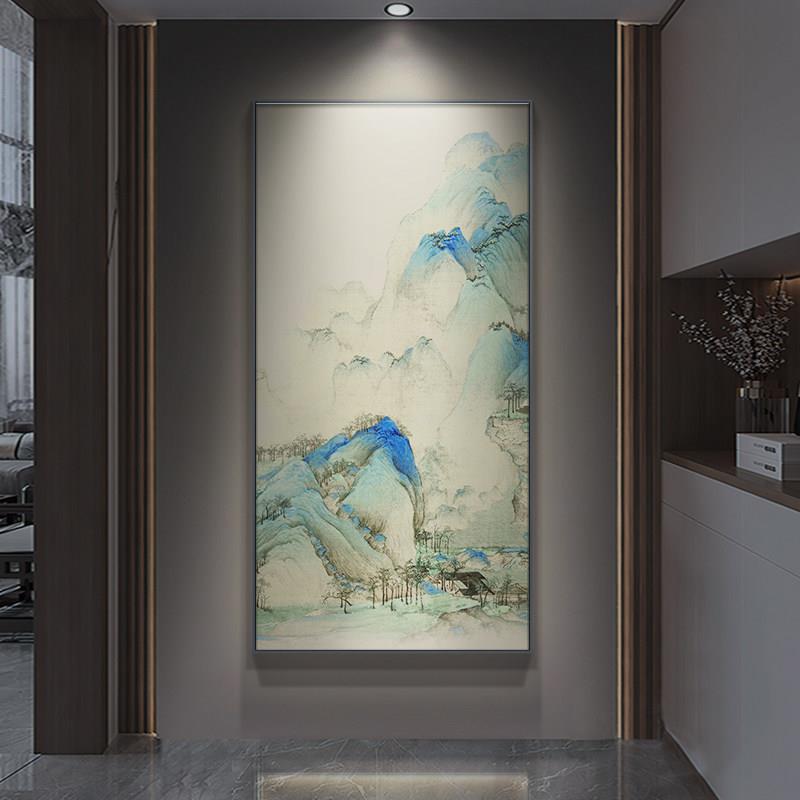 新中式入户玄关装饰画千里江山图竖版山水画楼梯挂画走廊过道壁画