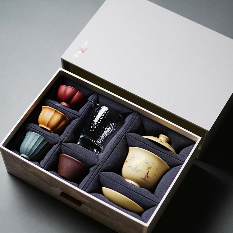 宜兴紫砂壶茶具套装礼盒送礼段泥三才盖碗彩绘四杯高端茶器180cc