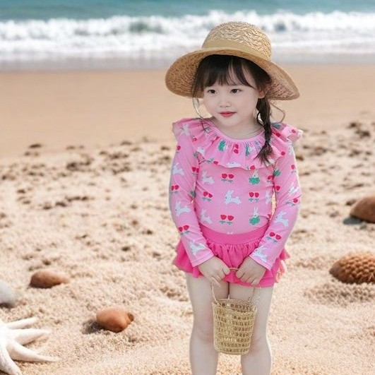 儿童泳衣女孩甜美2025新款分体长袖防晒可爱风速干平角裙裤游泳装