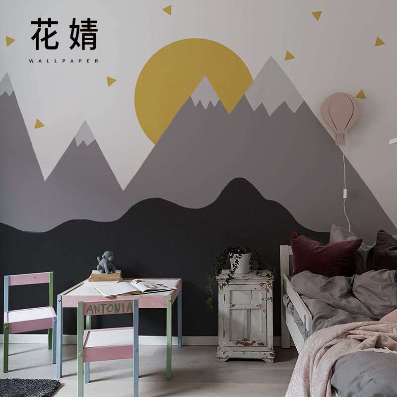 热销北欧壁纸日落儿童房壁布家用墙纸现代几何卧室背景墙定制壁画