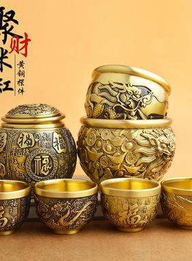 纯全黄铜米缸大带盖聚宝盆铜缸复古百福杯精雕聚财桌面摆件烟灰缸