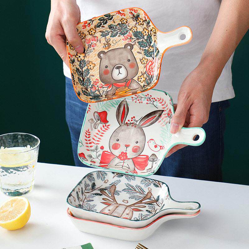 釉下彩陶瓷盘可爱带手柄餐厅家用菜盘焗饭盘烤盘西餐盘卡通节日礼