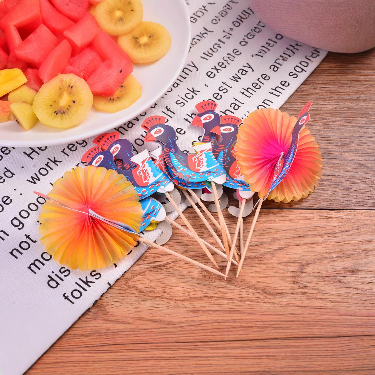 孔雀签创意水果签伞签冰淇淋蛋糕点心鸡尾酒装饰手工木签