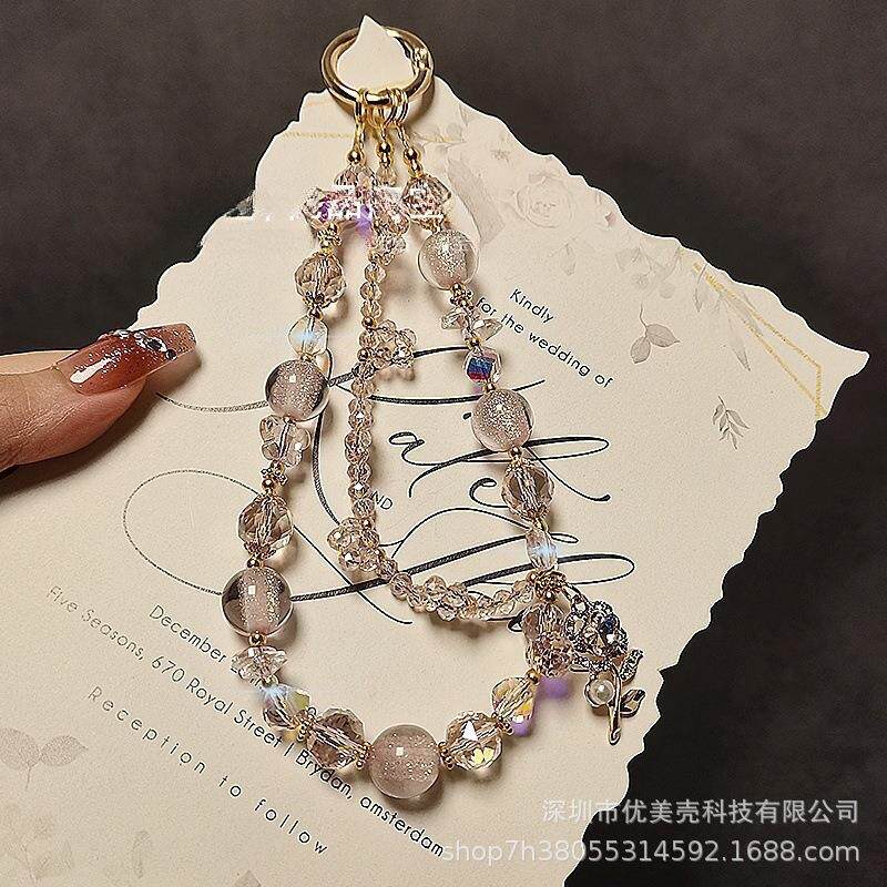 轻奢高级感水晶手机链时尚花朵吊坠串珠双链手机挂绳精品手提挂链