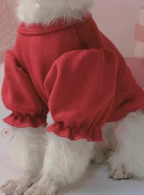 宠物红色系列新年服装高领长袖无袖刺绣打底衫泡泡袖比熊泰迪衣服