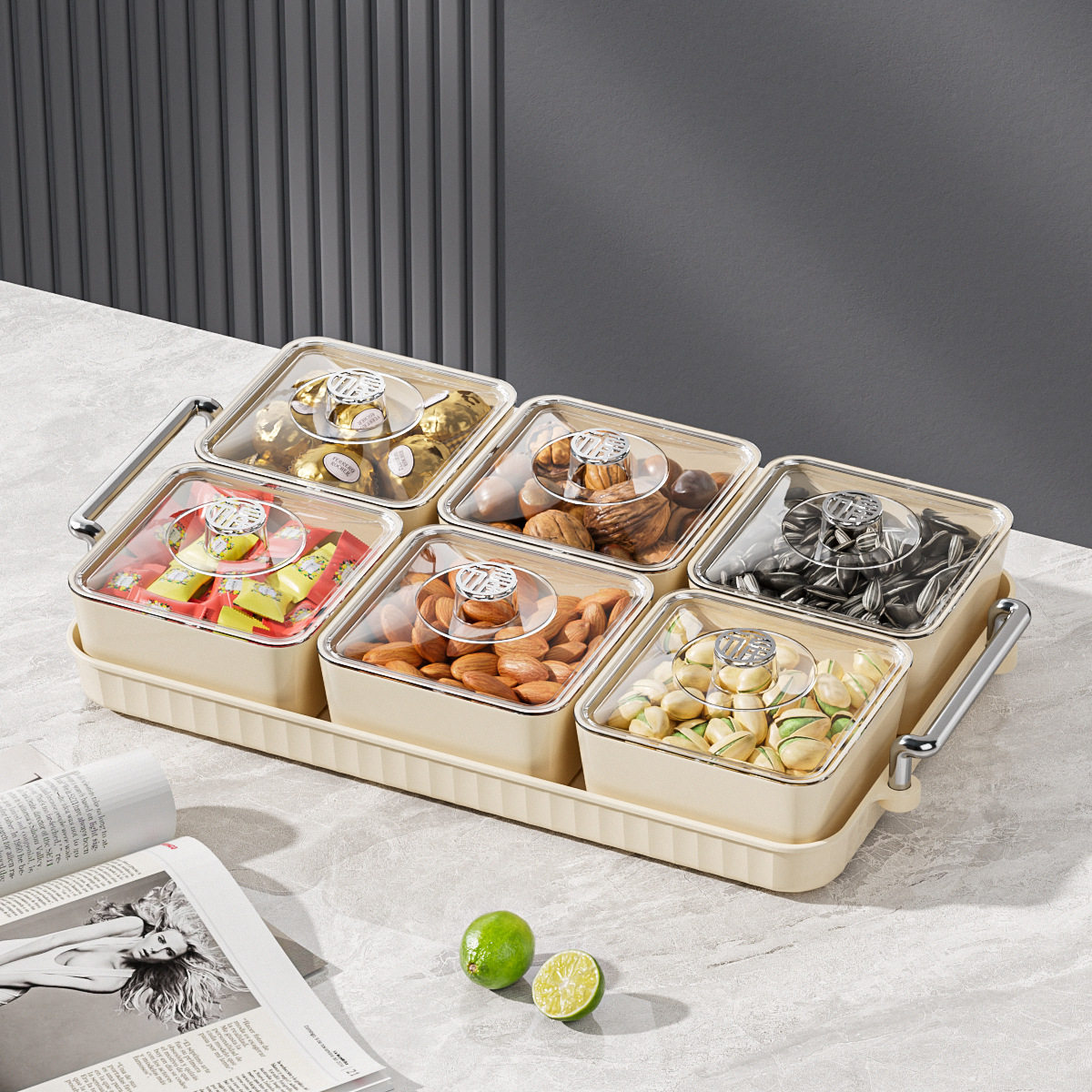 果盘分格糖果盒塑料奶油风防尘加盖带托盘客厅茶几摆放零食干果碟