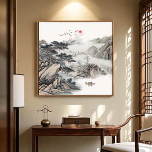 迎客松挂画绿水青山玄关装饰画办公室山水风景画中式客厅松树壁画