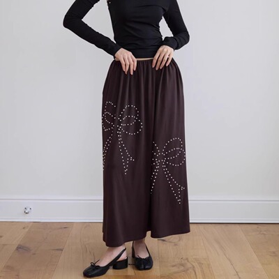 全棉蝴蝶结钉珠宽松半身摆裙