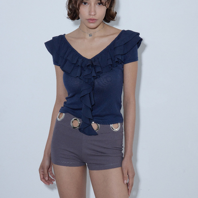 天丝醋酸荷叶边修身V领短袖