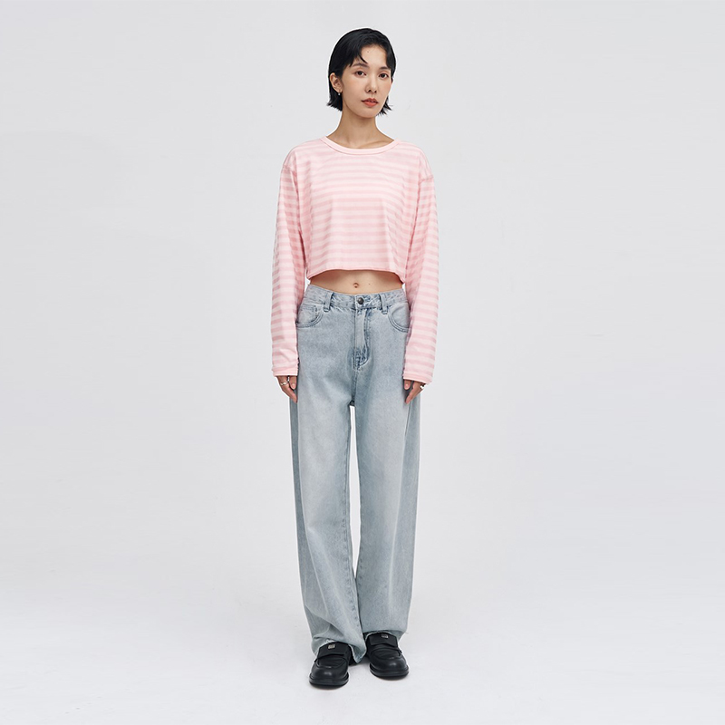 BFAT秋季女装韩版拼色条纹圆领套头卫衣清新减龄短款长袖潮