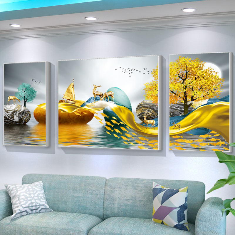 十字绣2023新款线绣客厅三联画时来运转麋鹿风景满绣发财树手工刺