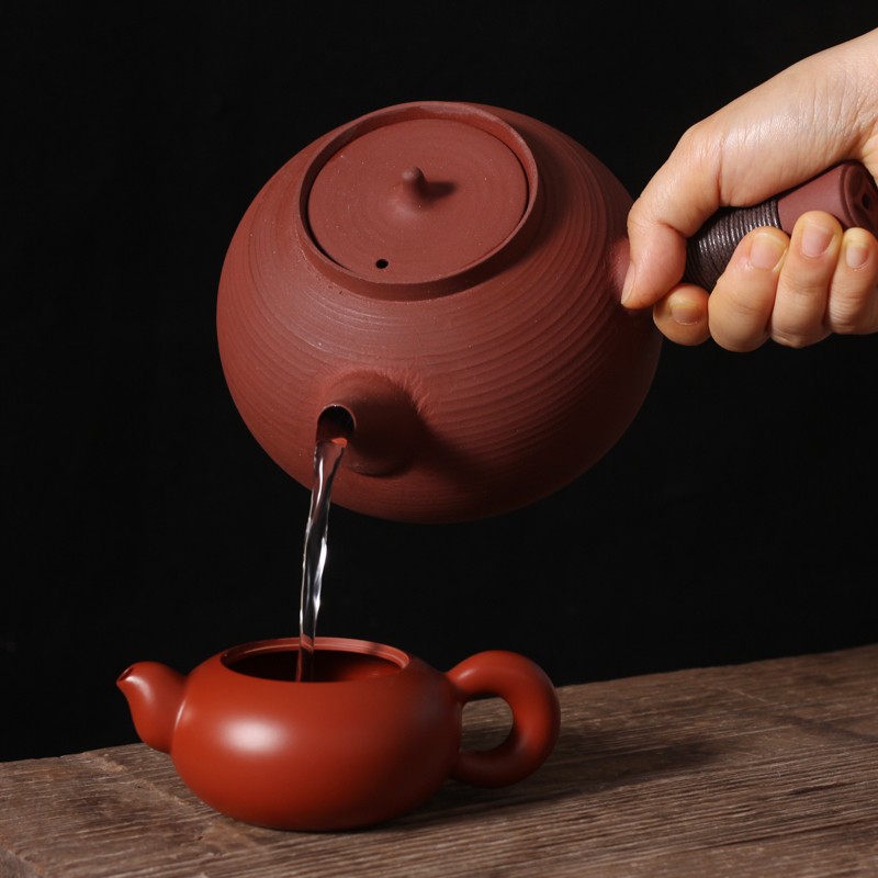 纯手工朱泥粗陶煮茶器陶壶家用养生侧把烧水壶红泥炭炉砂铫电陶炉