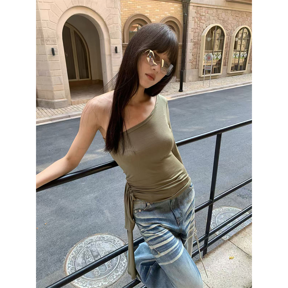 of32 official纯欲斜露肩设计感长袖T恤女2025秋季褶皱收腰上衣女